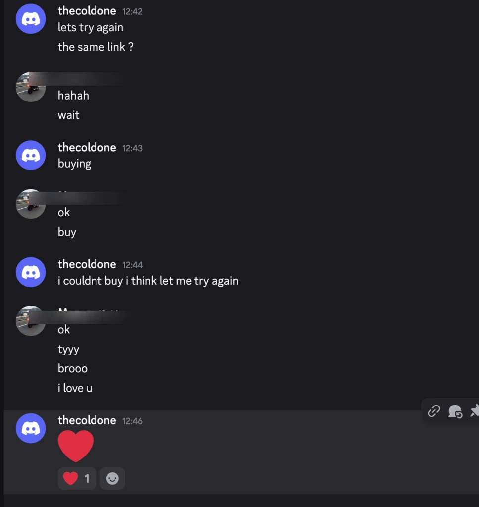Verified Discord DM from a redacted customer