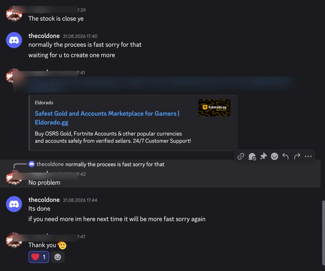 Verified Discord DM from a redacted customer